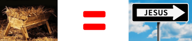 A manger and equals sign and a signpost pointing to Jesus.